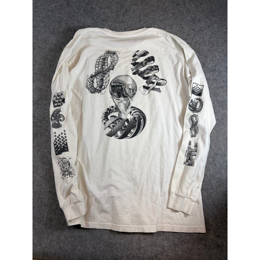 MC Escher Long Sleeve Shirt Mens Large White Artwork Double Sided AOP Skater Tee